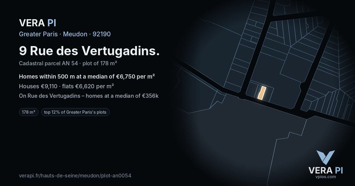 9 Rue des Vertugadins, Meudon at night – the plot lit, the parcels around coloured by the prices near them