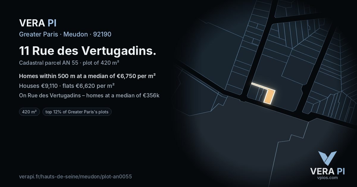 11 Rue des Vertugadins, Meudon at night – the plot lit, the parcels around coloured by the prices near them