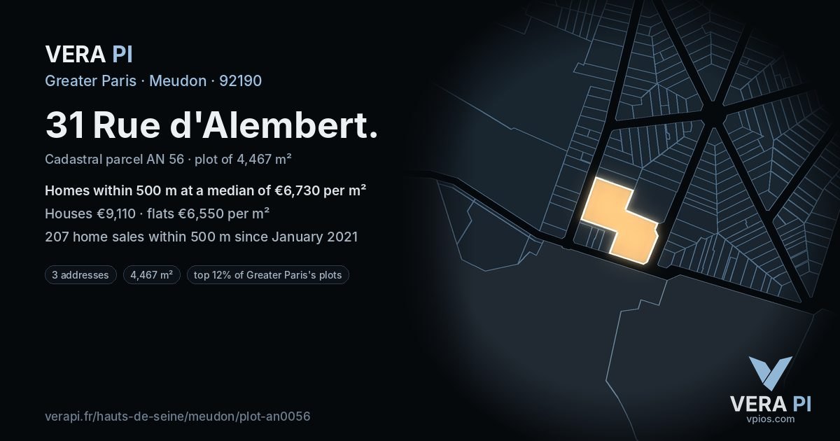 31 Rue d'Alembert, Meudon at night – the plot lit, the parcels around coloured by the prices near them