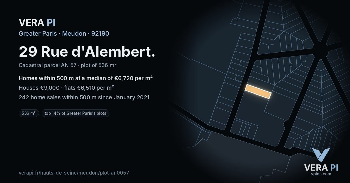 29 Rue d'Alembert, Meudon at night – the plot lit, the parcels around coloured by the prices near them