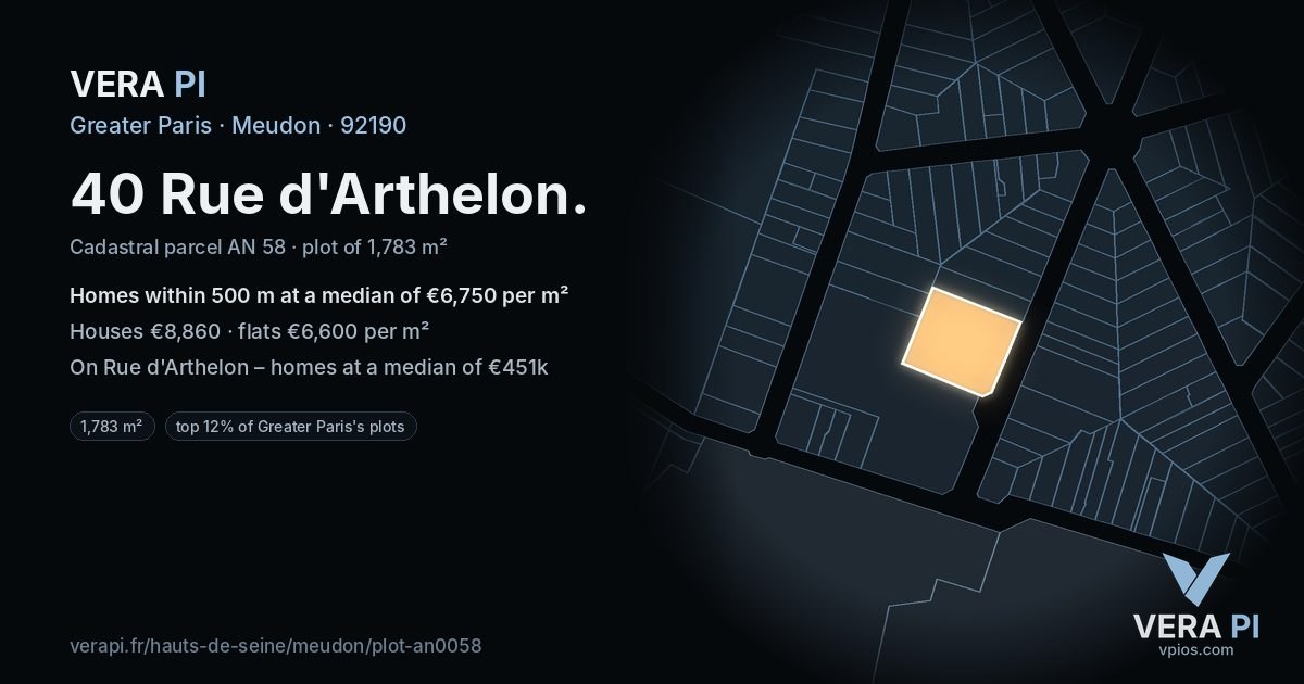 40 Rue d'Arthelon, Meudon at night – the plot lit, the parcels around coloured by the prices near them