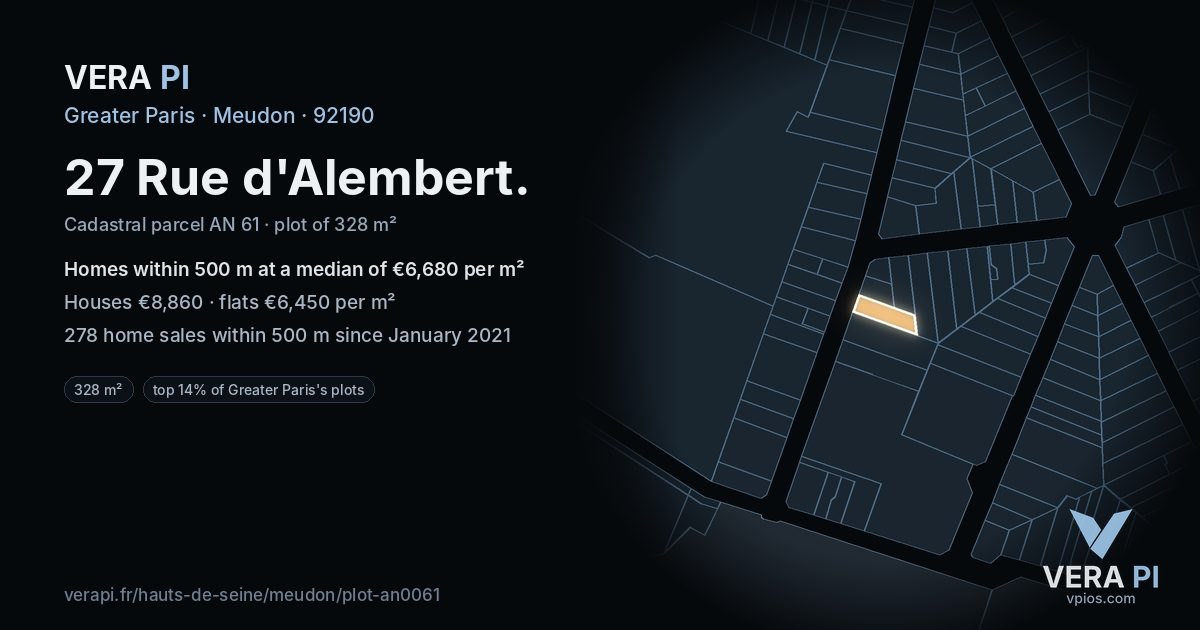 27 Rue d'Alembert, Meudon at night – the plot lit, the parcels around coloured by the prices near them