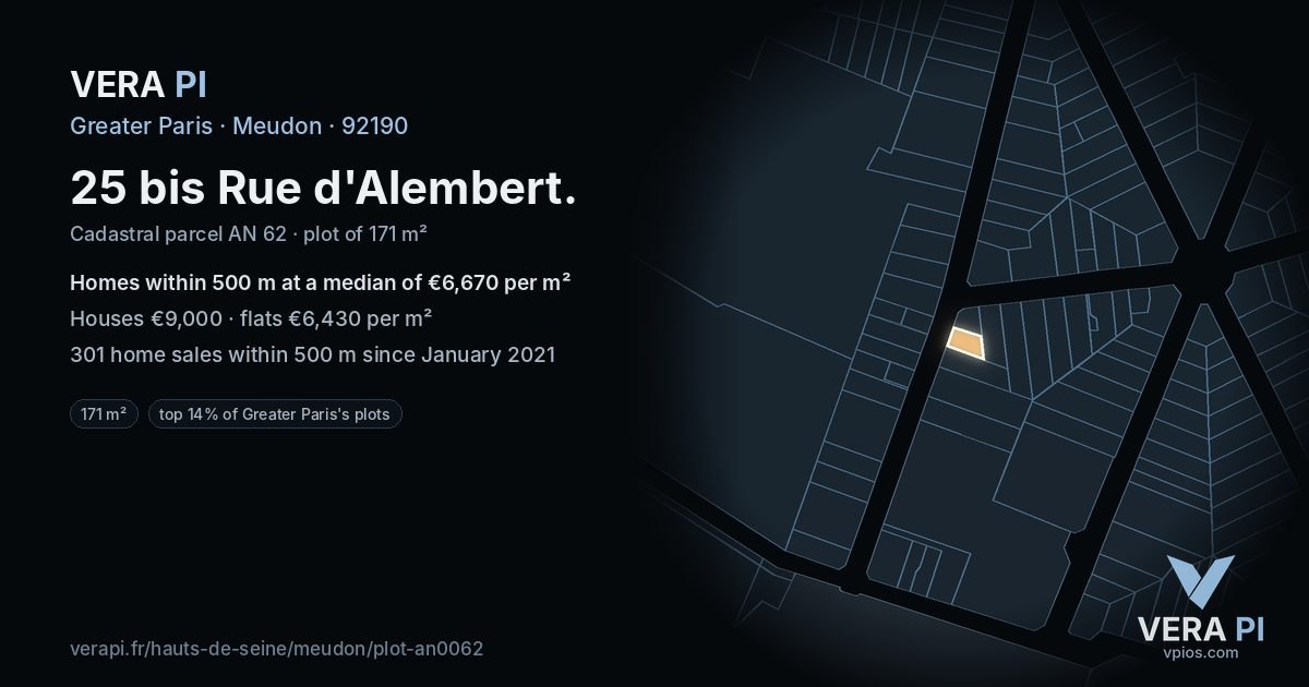 25 bis Rue d'Alembert, Meudon at night – the plot lit, the parcels around coloured by the prices near them