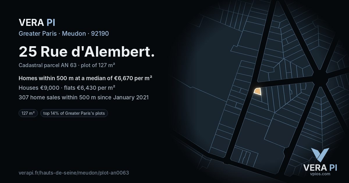 25 Rue d'Alembert, Meudon at night – the plot lit, the parcels around coloured by the prices near them