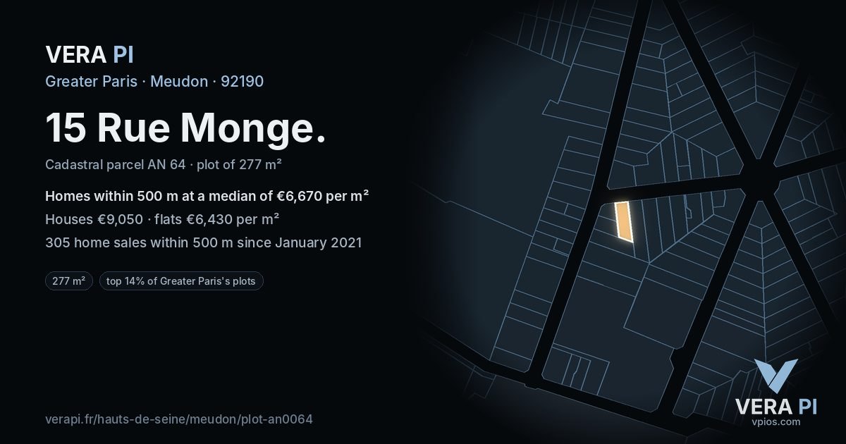 15 Rue Monge, Meudon at night – the plot lit, the parcels around coloured by the prices near them