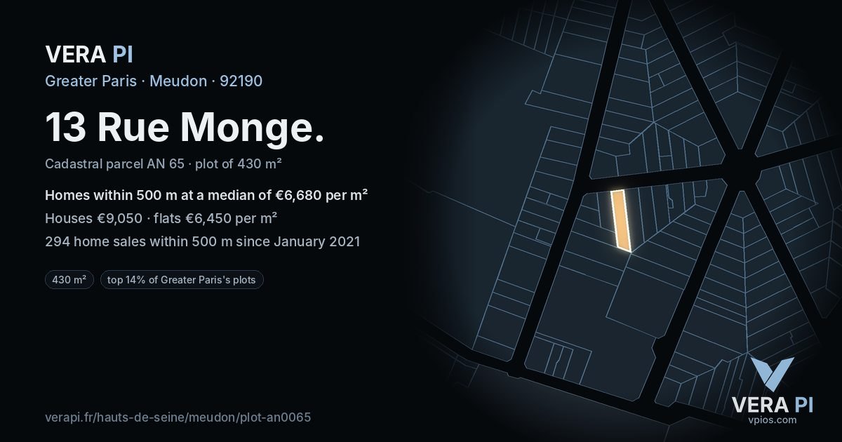 13 Rue Monge, Meudon at night – the plot lit, the parcels around coloured by the prices near them