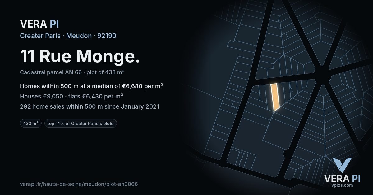11 Rue Monge, Meudon at night – the plot lit, the parcels around coloured by the prices near them