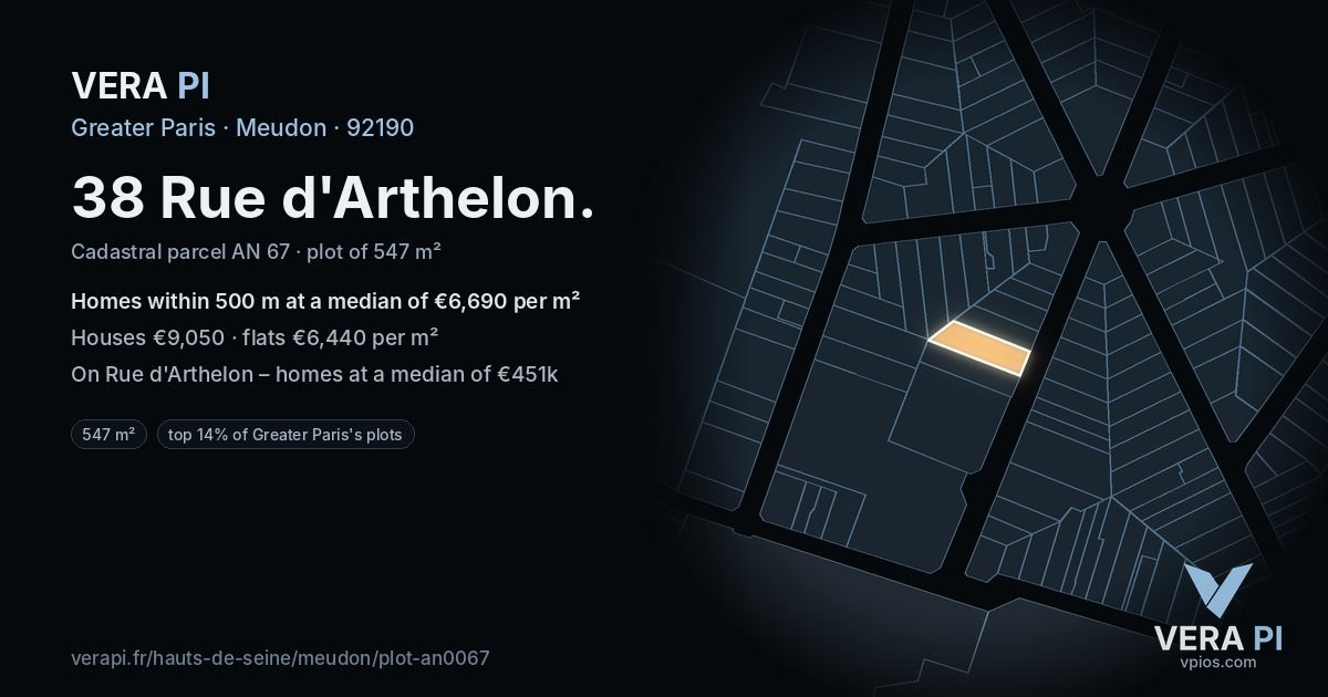 38 Rue d'Arthelon, Meudon at night – the plot lit, the parcels around coloured by the prices near them