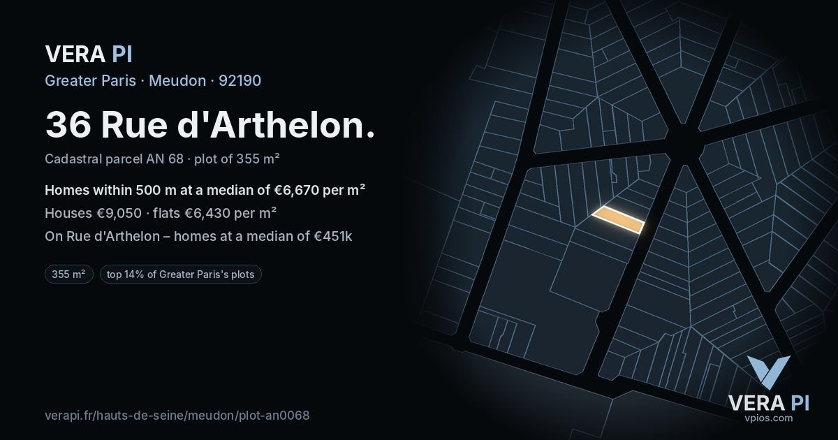 36 Rue d'Arthelon, Meudon at night – the plot lit, the parcels around coloured by the prices near them