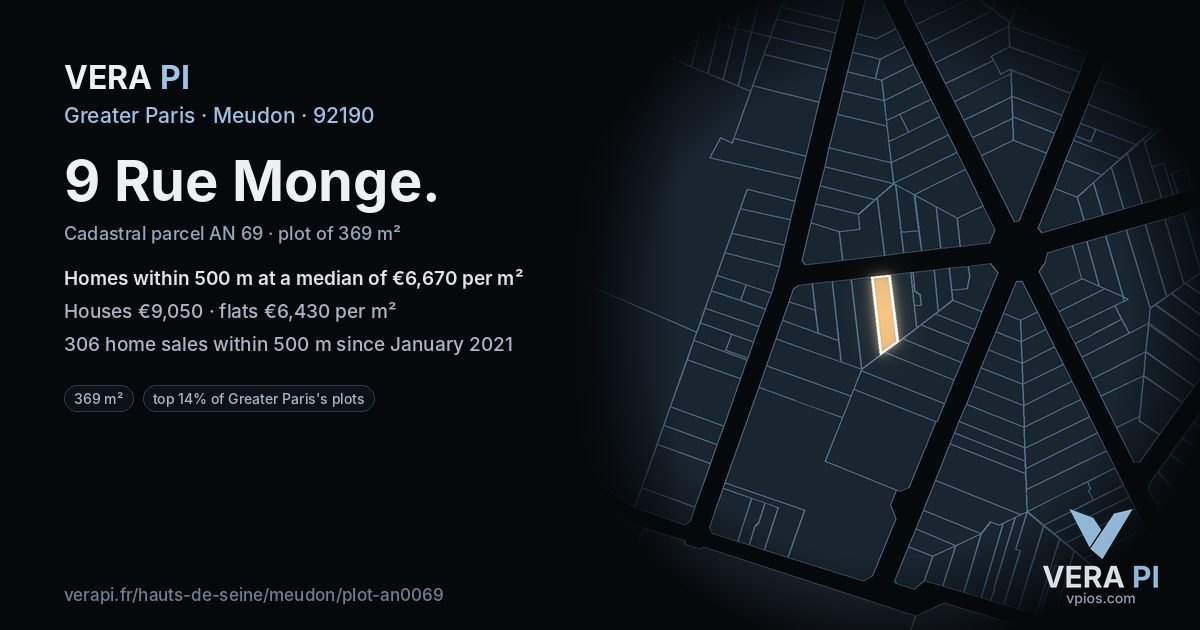 9 Rue Monge, Meudon at night – the plot lit, the parcels around coloured by the prices near them
