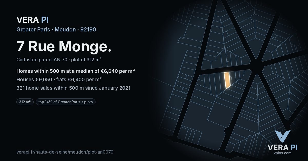 7 Rue Monge, Meudon at night – the plot lit, the parcels around coloured by the prices near them