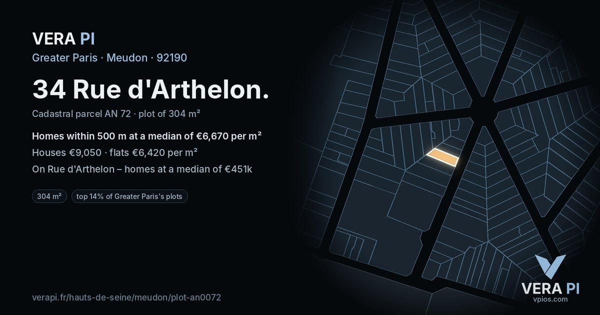 34 Rue d'Arthelon, Meudon at night – the plot lit, the parcels around coloured by the prices near them