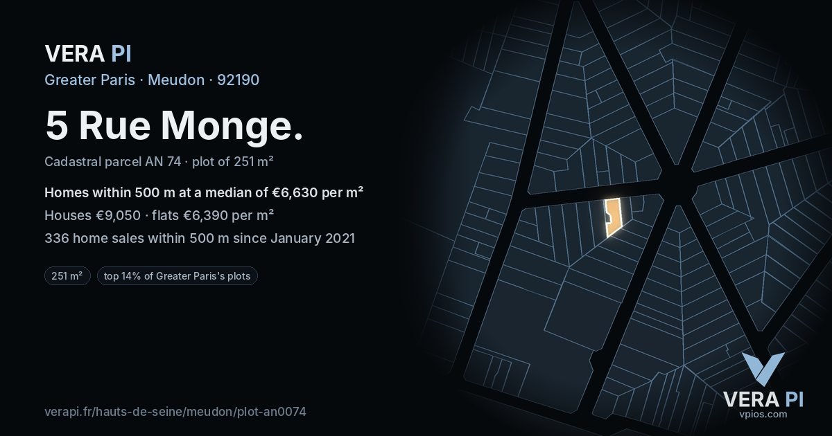 5 Rue Monge, Meudon at night – the plot lit, the parcels around coloured by the prices near them
