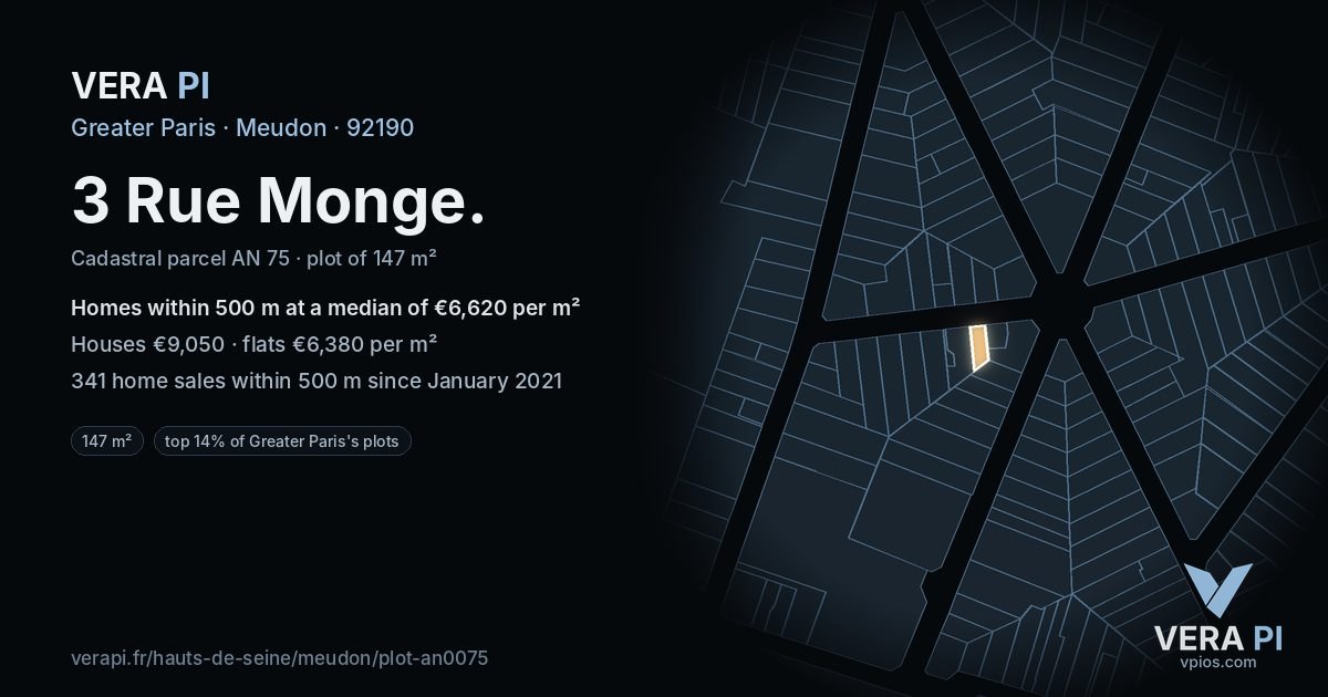 3 Rue Monge, Meudon at night – the plot lit, the parcels around coloured by the prices near them
