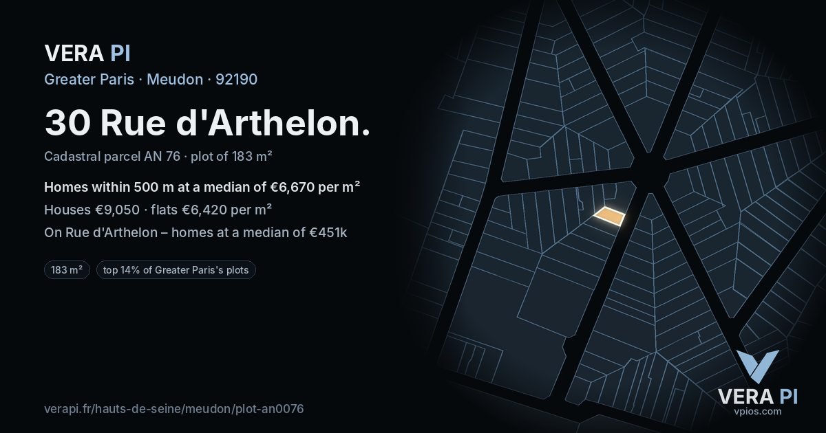 30 Rue d'Arthelon, Meudon at night – the plot lit, the parcels around coloured by the prices near them