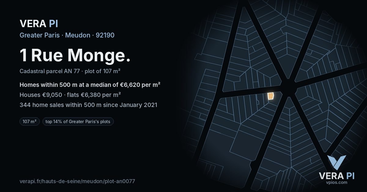 1 Rue Monge, Meudon at night – the plot lit, the parcels around coloured by the prices near them