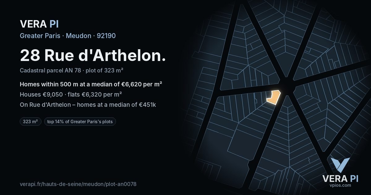 28 Rue d'Arthelon, Meudon at night – the plot lit, the parcels around coloured by the prices near them