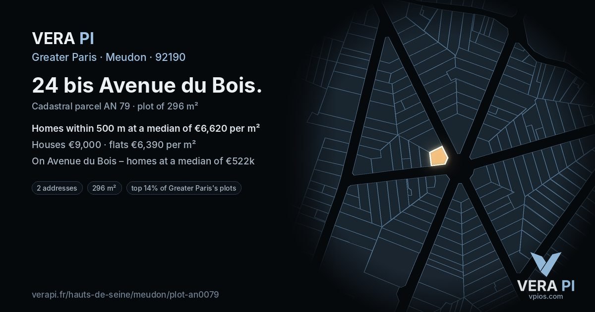 24 bis Avenue du Bois, Meudon at night – the plot lit, the parcels around coloured by the prices near them
