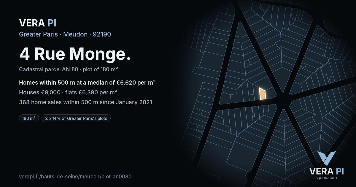 4 Rue Monge, Meudon at night – the plot lit, the parcels around coloured by the prices near them