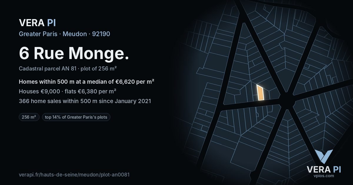 6 Rue Monge, Meudon at night – the plot lit, the parcels around coloured by the prices near them