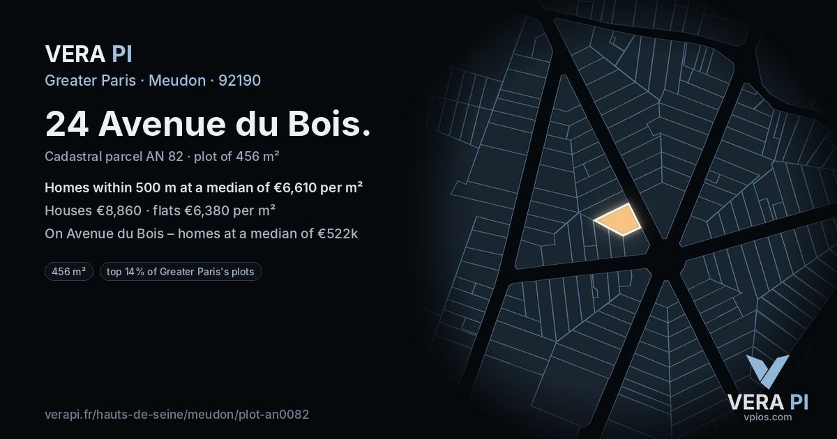 24 Avenue du Bois, Meudon at night – the plot lit, the parcels around coloured by the prices near them