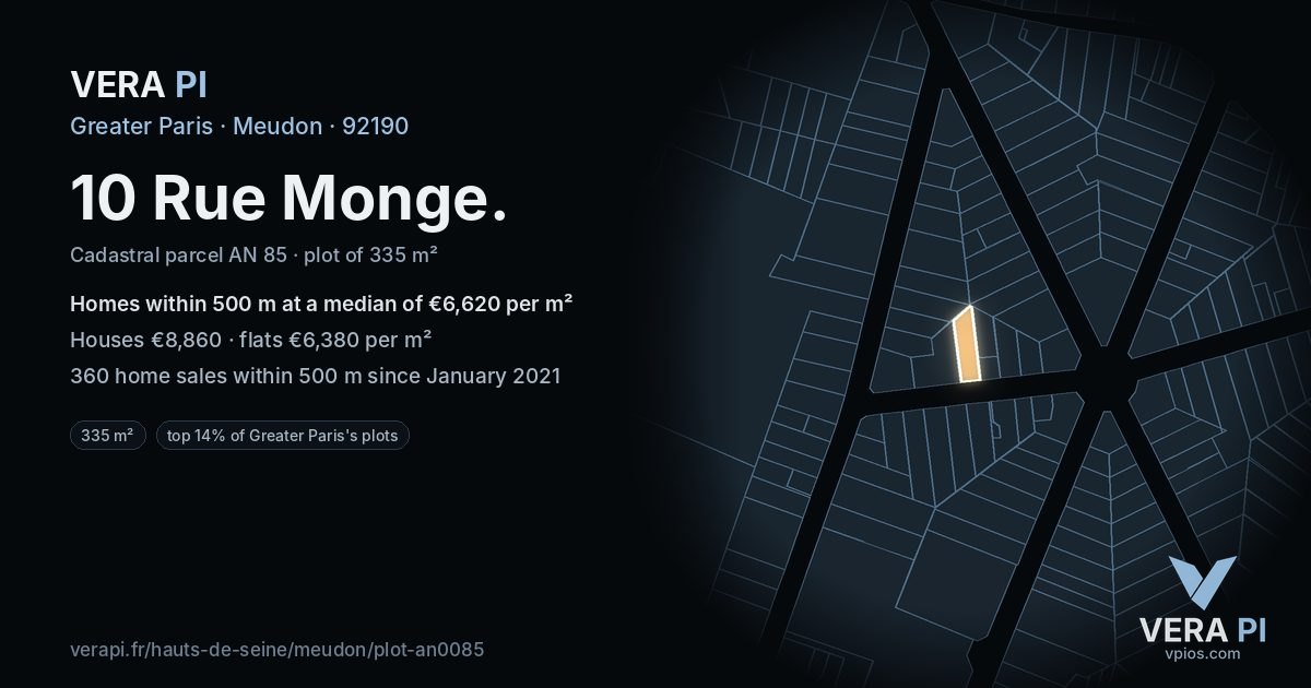 10 Rue Monge, Meudon at night – the plot lit, the parcels around coloured by the prices near them