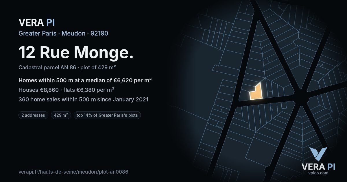 12 Rue Monge, Meudon at night – the plot lit, the parcels around coloured by the prices near them