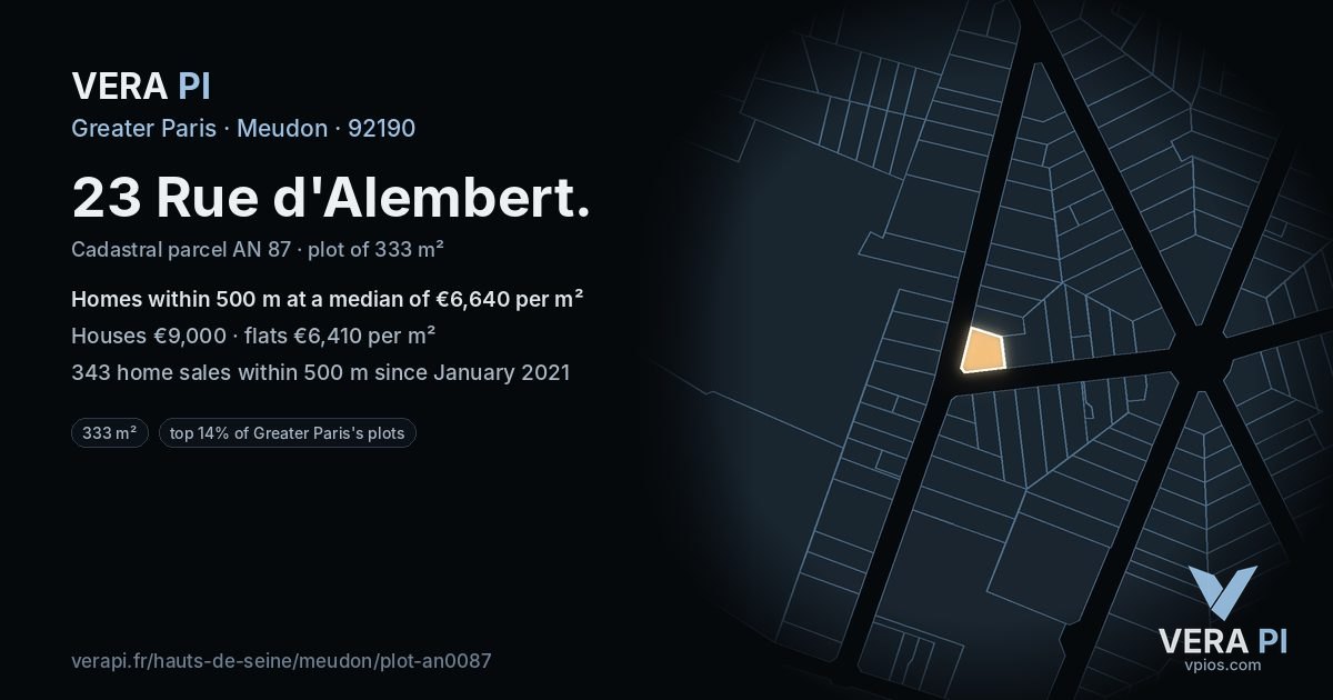 23 Rue d'Alembert, Meudon at night – the plot lit, the parcels around coloured by the prices near them