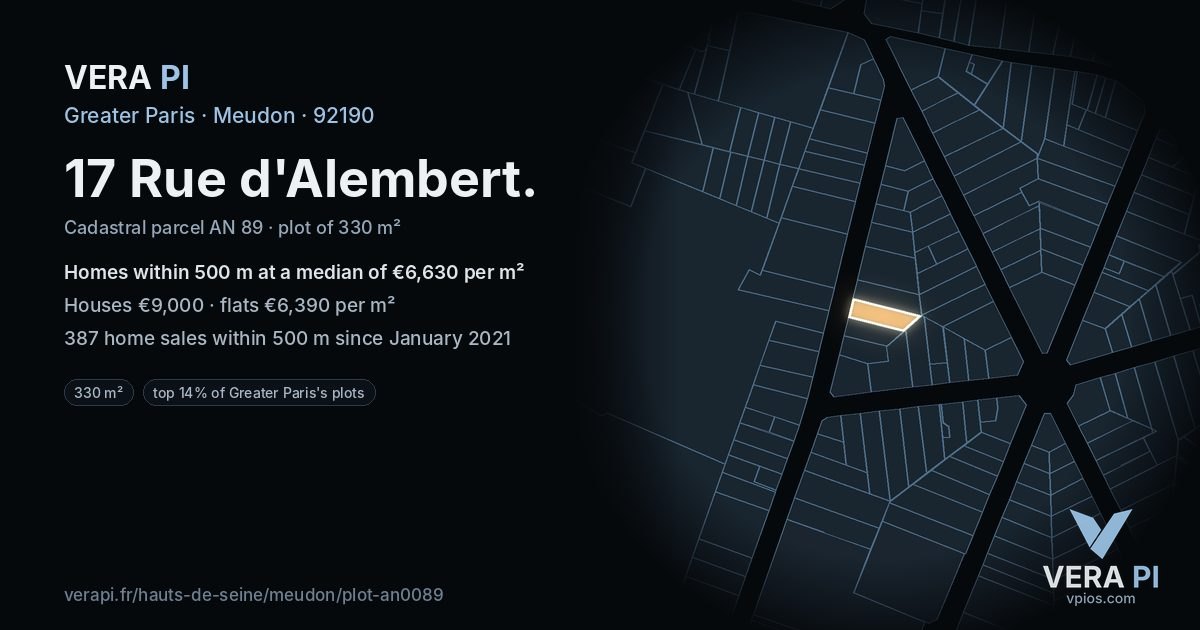 17 Rue d'Alembert, Meudon at night – the plot lit, the parcels around coloured by the prices near them