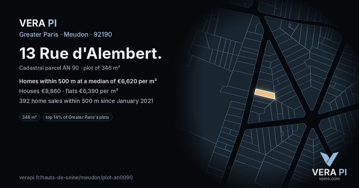 13 Rue d'Alembert, Meudon at night – the plot lit, the parcels around coloured by the prices near them