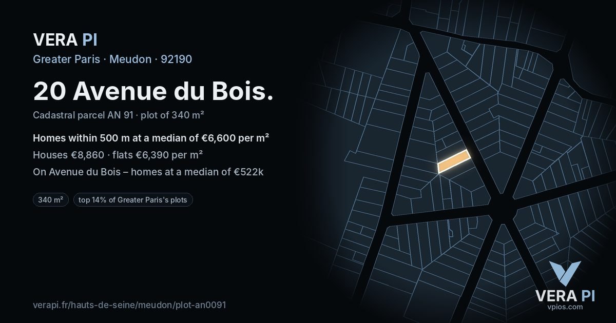 20 Avenue du Bois, Meudon at night – the plot lit, the parcels around coloured by the prices near them