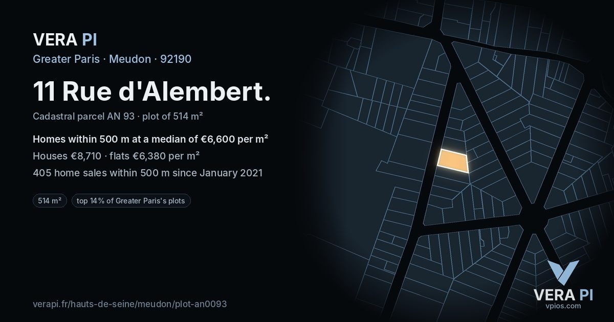11 Rue d'Alembert, Meudon at night – the plot lit, the parcels around coloured by the prices near them