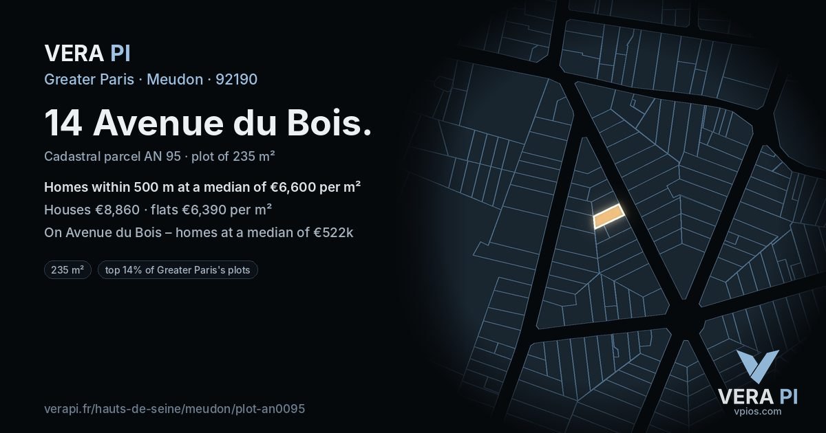 14 Avenue du Bois, Meudon at night – the plot lit, the parcels around coloured by the prices near them