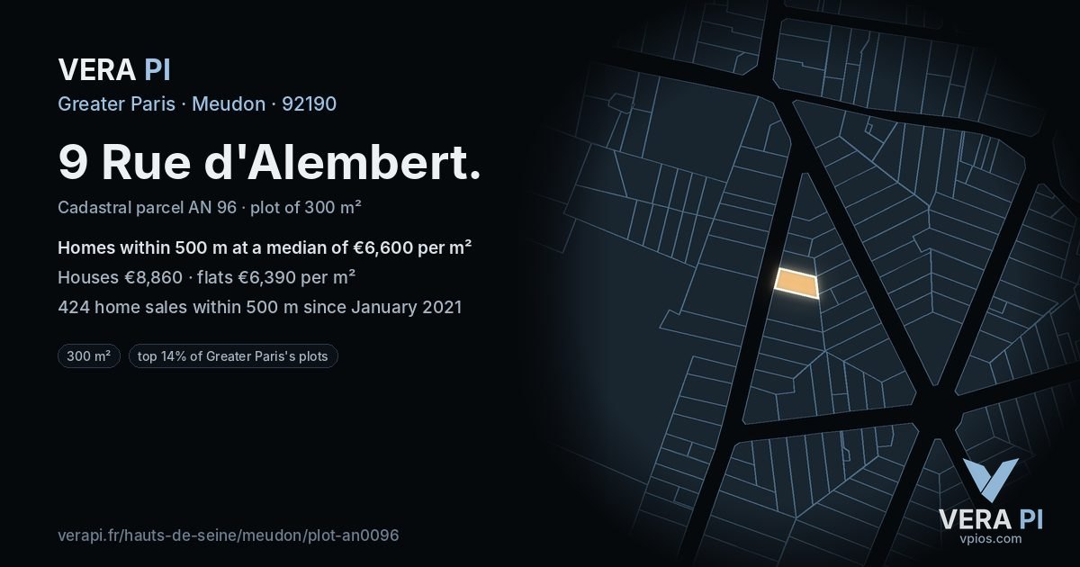9 Rue d'Alembert, Meudon at night – the plot lit, the parcels around coloured by the prices near them