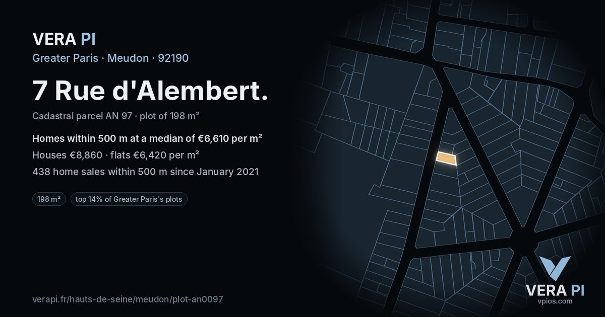 7 Rue d'Alembert, Meudon at night – the plot lit, the parcels around coloured by the prices near them