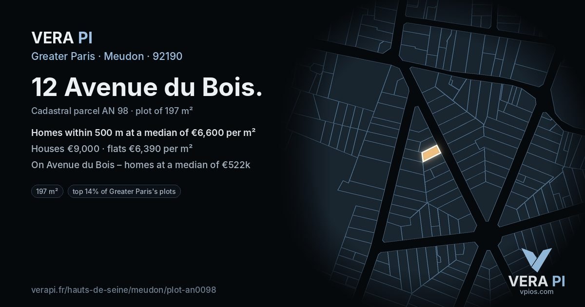 12 Avenue du Bois, Meudon at night – the plot lit, the parcels around coloured by the prices near them