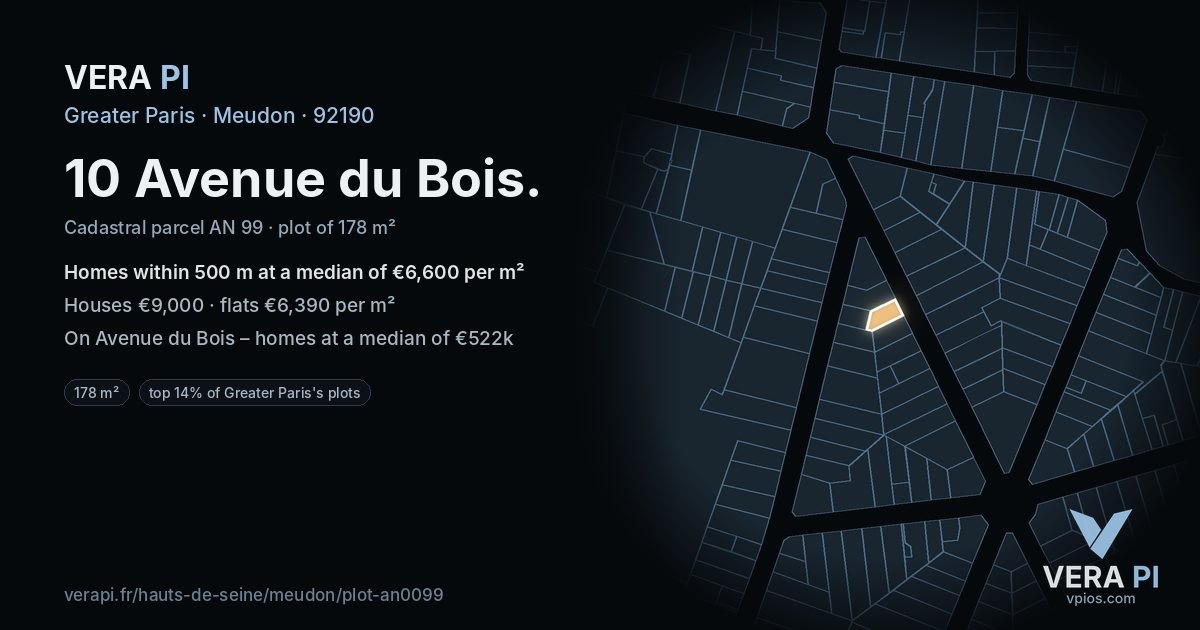 10 Avenue du Bois, Meudon at night – the plot lit, the parcels around coloured by the prices near them