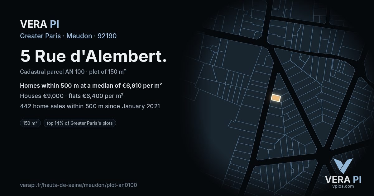 5 Rue d'Alembert, Meudon at night – the plot lit, the parcels around coloured by the prices near them