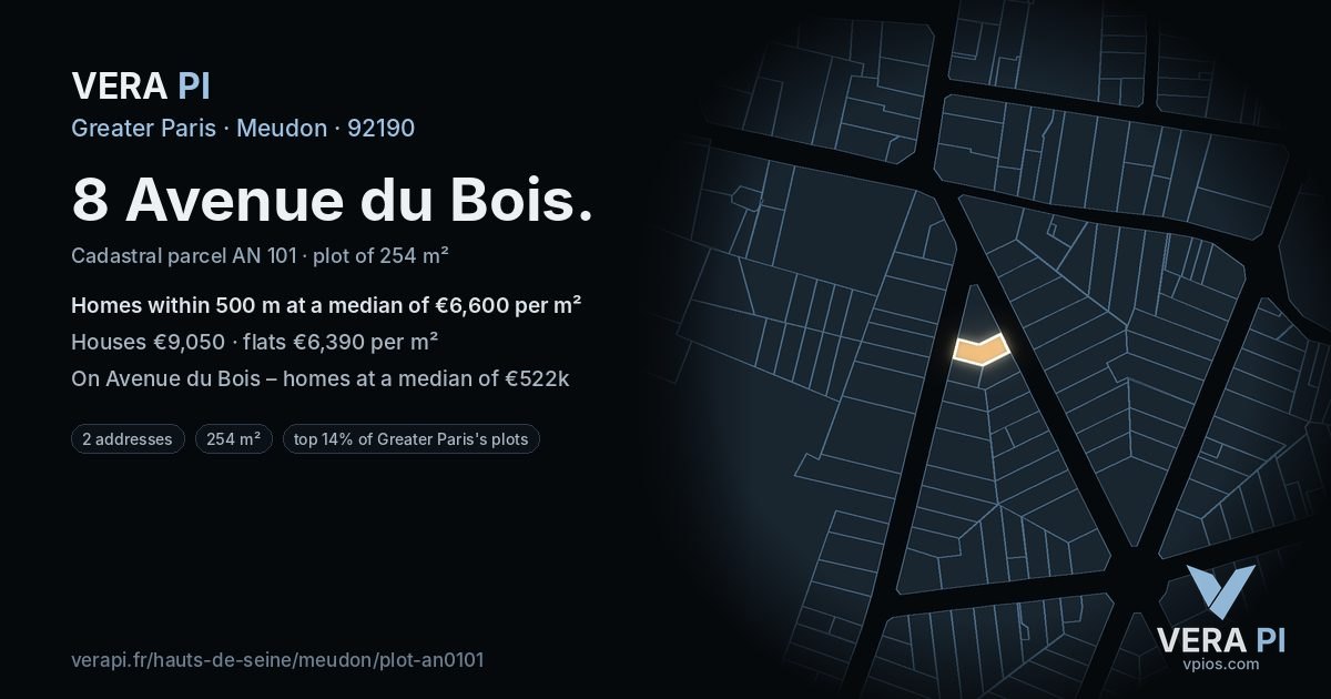 8 Avenue du Bois, Meudon at night – the plot lit, the parcels around coloured by the prices near them