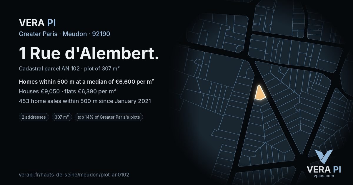 1 Rue d'Alembert, Meudon at night – the plot lit, the parcels around coloured by the prices near them