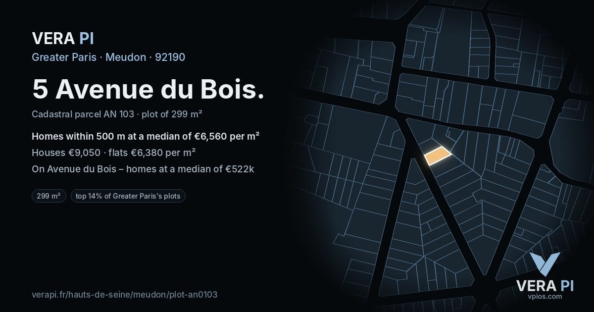 5 Avenue du Bois, Meudon at night – the plot lit, the parcels around coloured by the prices near them