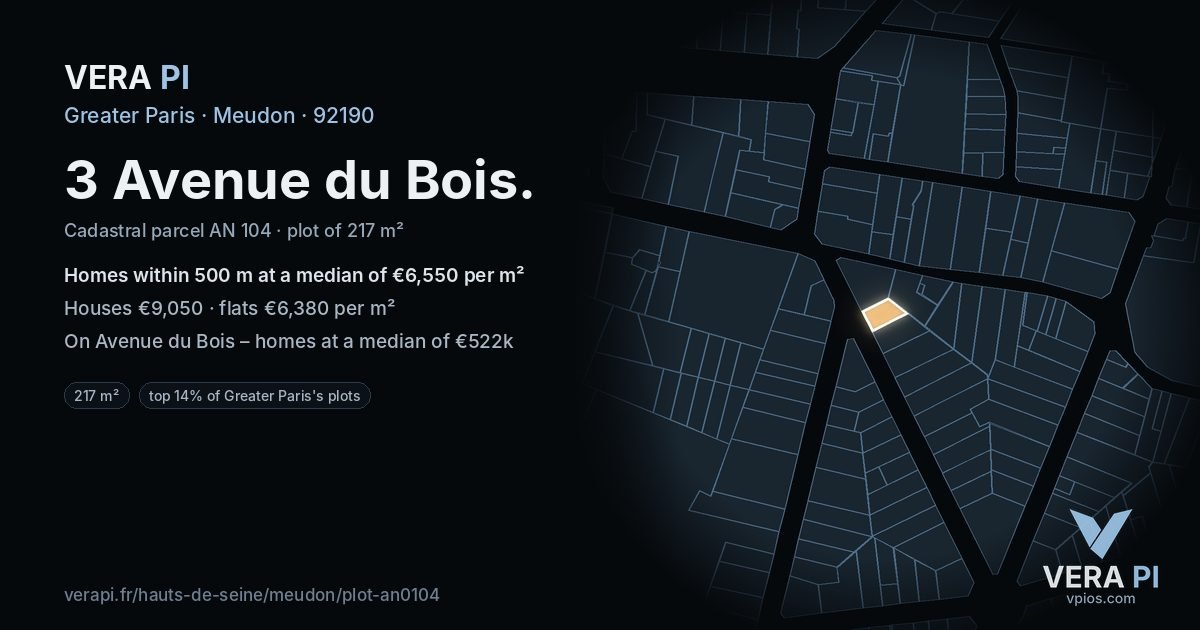 3 Avenue du Bois, Meudon at night – the plot lit, the parcels around coloured by the prices near them