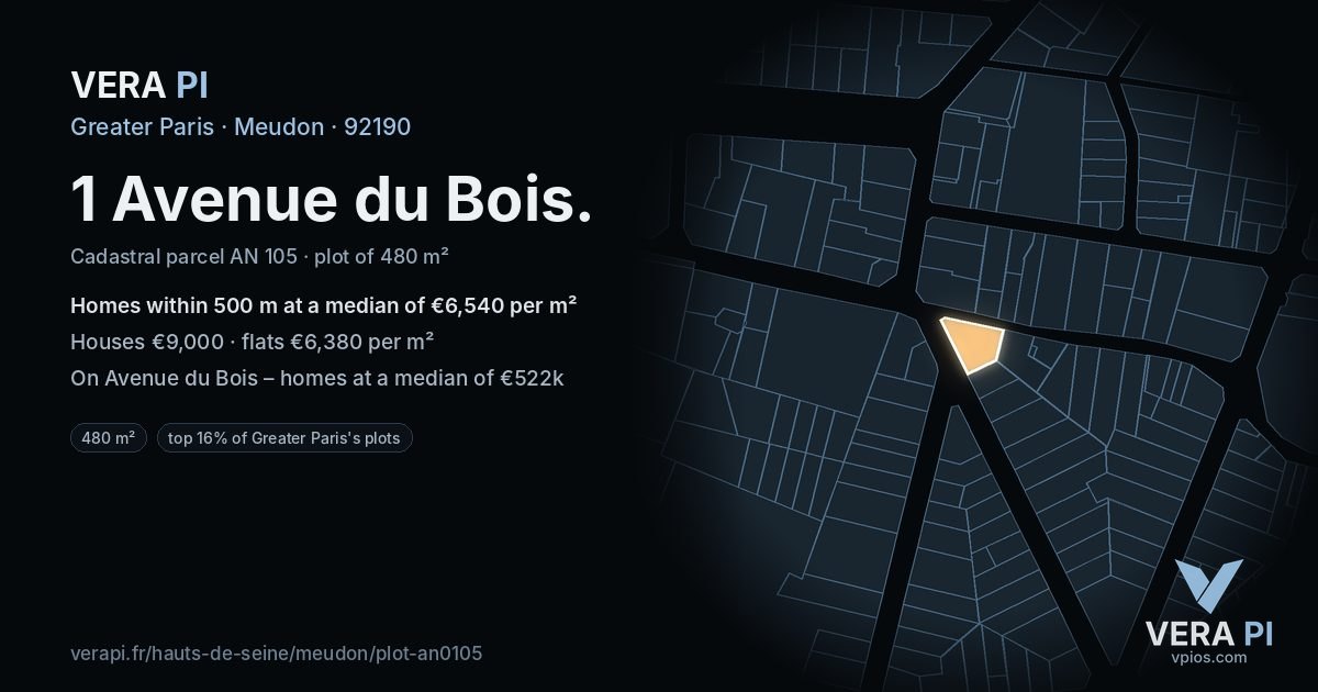 1 Avenue du Bois, Meudon at night – the plot lit, the parcels around coloured by the prices near them