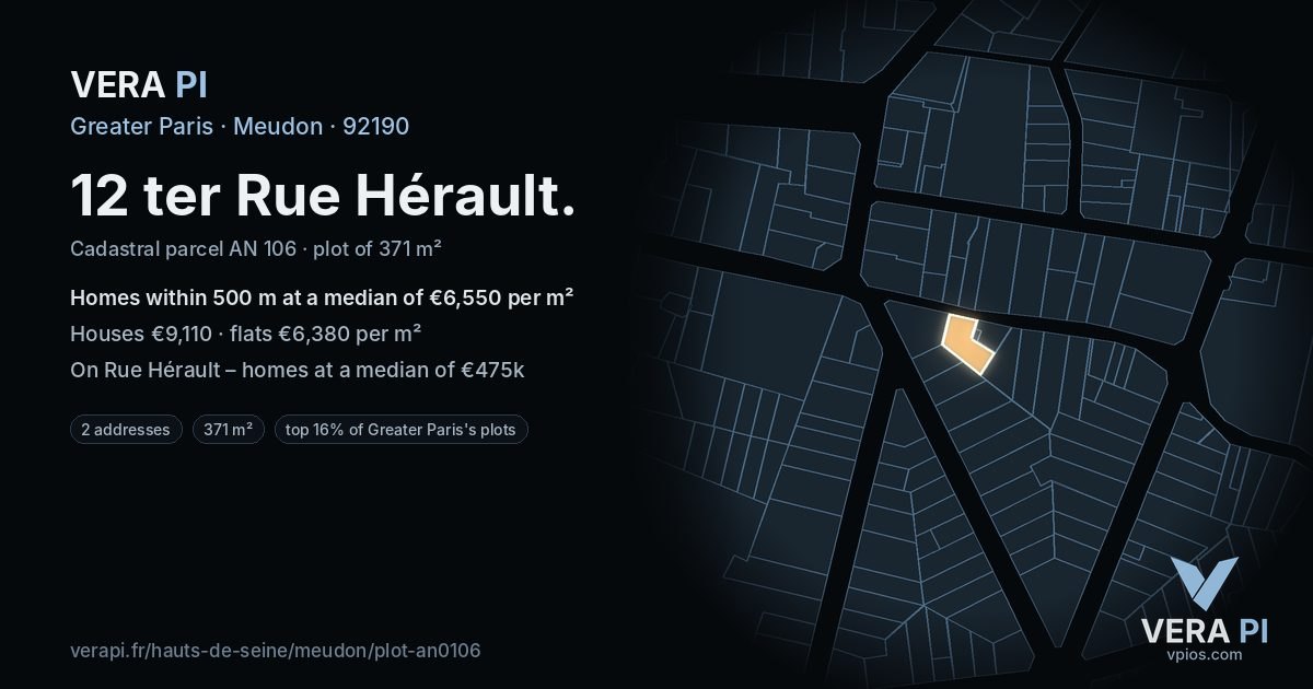 12 ter Rue Hérault, Meudon at night – the plot lit, the parcels around coloured by the prices near them