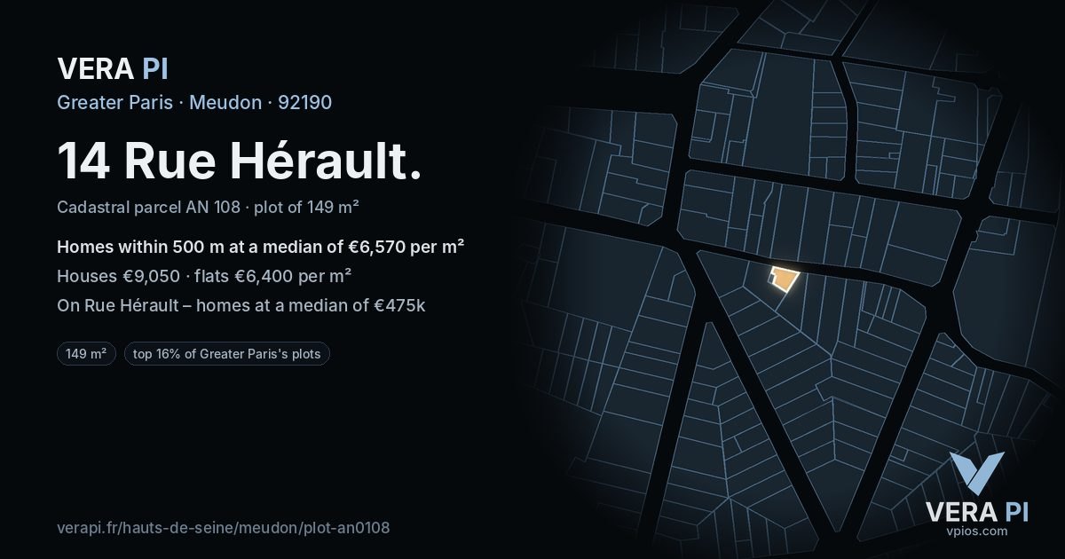 14 Rue Hérault, Meudon at night – the plot lit, the parcels around coloured by the prices near them