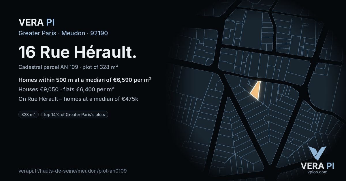 16 Rue Hérault, Meudon at night – the plot lit, the parcels around coloured by the prices near them