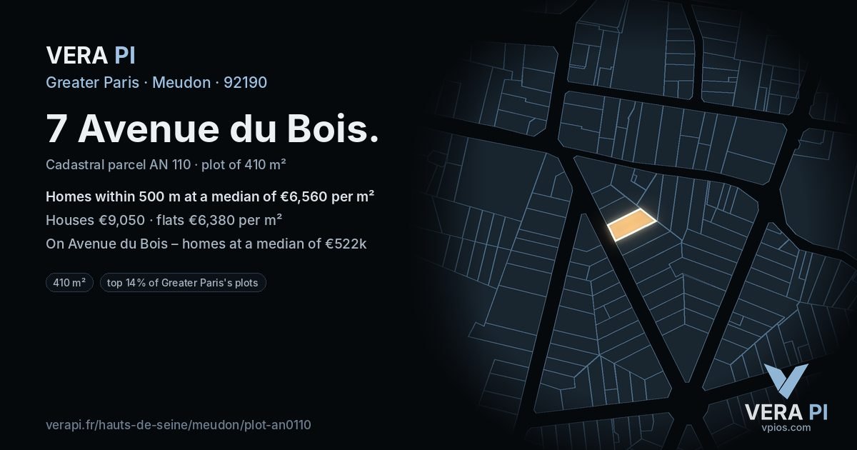 7 Avenue du Bois, Meudon at night – the plot lit, the parcels around coloured by the prices near them