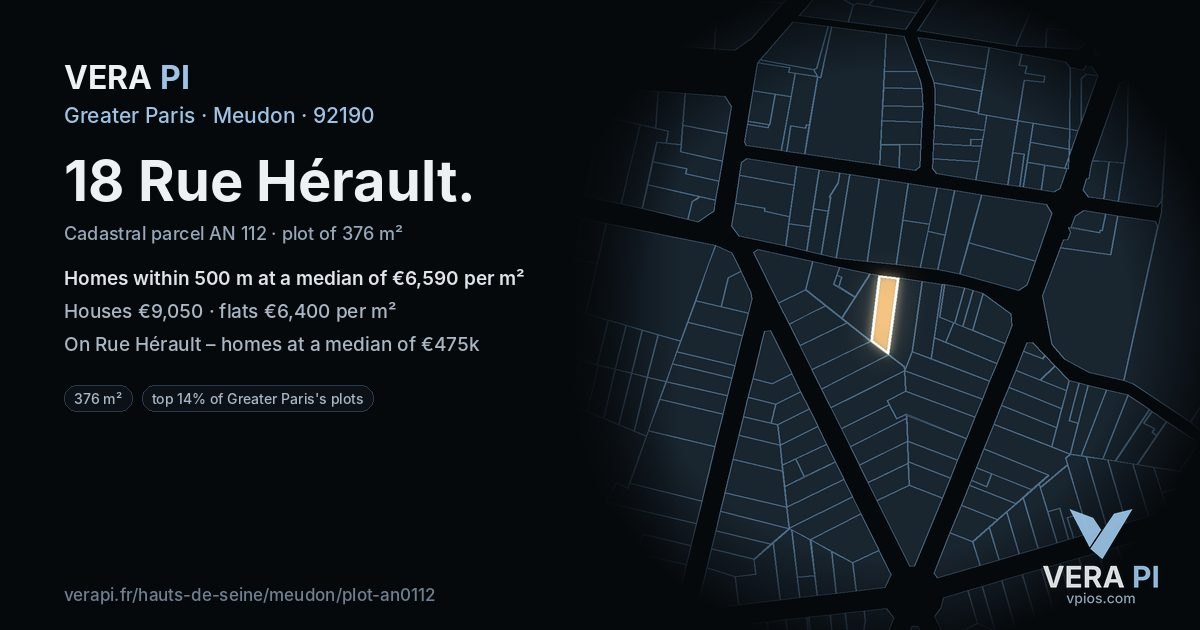 18 Rue Hérault, Meudon at night – the plot lit, the parcels around coloured by the prices near them