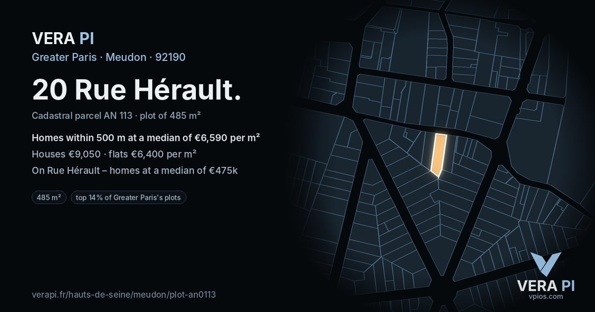20 Rue Hérault, Meudon at night – the plot lit, the parcels around coloured by the prices near them