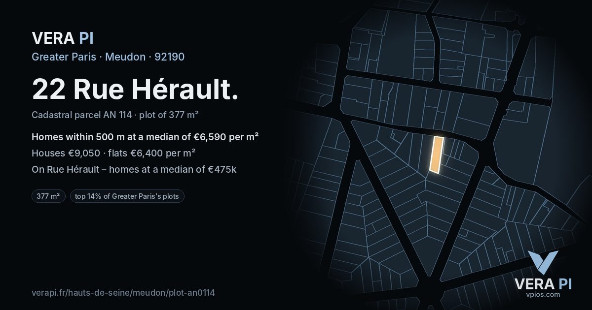 22 Rue Hérault, Meudon at night – the plot lit, the parcels around coloured by the prices near them